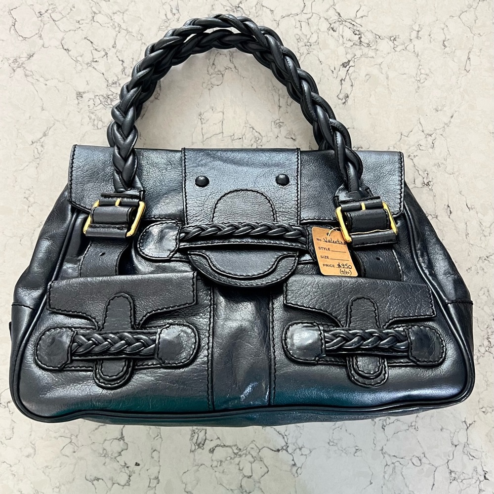 Valentino Garavani Navy Blue Leather Braided Handle Bag